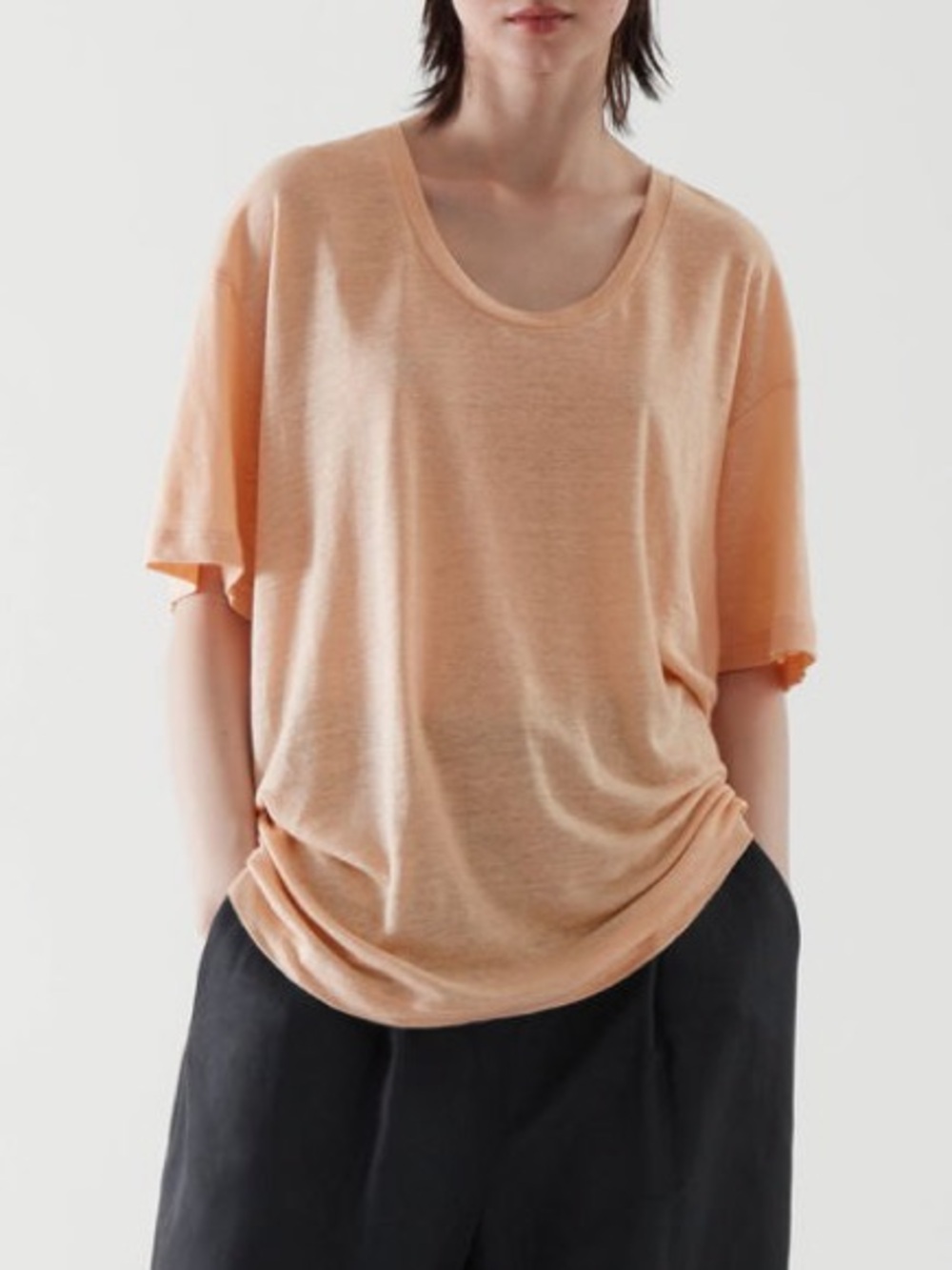 COS 100% linen loose fit short sleeve tee peach scoopneck lightweight t-shirt